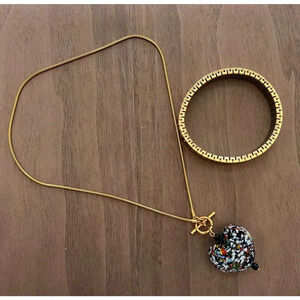 Italian Millefiori Glass Heart on Gold Chain Necklace and Stretch Bracelet